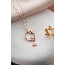 Essare 925 Ayar Gümüş Rose Kaplama Daire Model Uçuşan Sevgi Kelebekleri Kolye