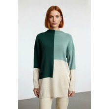 Ersefa Kadınlar Için Dik Yaka Relaxed Kesim Renk Bloklu Akrilik Triko Kazak Günlük Kullanım Kaliteli