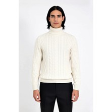 Ersefa Erkek Balıkçı Yaka Fitted Kalıp Saç Örgü Desenli Kalın Triko Standart Kollu Günlük Kazak Kaliteli