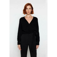 Ersefa Kadın Kruvaze V Yaka Crop Triko Kazak Regular Kalıp Uzun Kol Fitilli Dokuma Günlük Şıklık Kaliteli