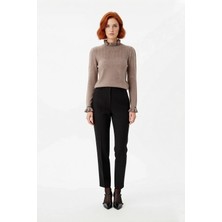 Ersefa Kadın Uzun Kollu Regular Kesim Dik Yaka Ajur Desenli Bağcıklı Triko Kazak Kışlık Basic Stil