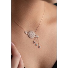 Essare 925 Ayar Gümüş Rose Kaplama Sallantı Yıldızlı Gezegen Kolye Zirkon Taşlı Kadın Aksesuar