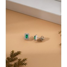 Roza Silver 925 Ayar Rodyum Baget Kesim Zümrüt Yeşili Taşlı Minimal Günlük Gümüş Küpe