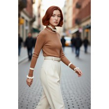 PayBuy Kadın Renk Bloklu Dik Yaka Fitilli Triko Kazak Kış Günleri Için Şık ve Rahat Basic Model Seçeneği