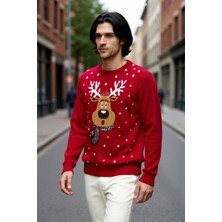 PayBuy Erkek Regular Fit Bisiklet Yaka Kalın Triko Yılbaşı Temalı Kırmızı Geyik Desenli Kışlık Kazak