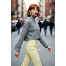 PayBuy Kadın Oversize Super Crop Balıkçı Yaka Uzun Kollu Akrilik Triko Kazak Kışlık Günlük Şıklık