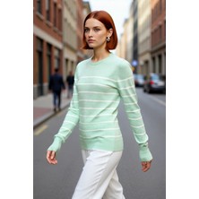 PayBuy Kadın Ekru Çizgili Bisiklet Yaka Fitted Kesim Ince Triko Kazak Ilkbahar Sonbahar Şıklığı Kaliteli