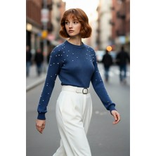 PayBuy Kadın Inci Detaylı Regular Kalıp Bisiklet Yaka Düşük Kol Fitilli Triko Kazak Modeli Kaliteli