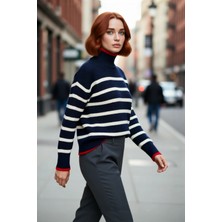 PayBuy Kadın Oversize Dik Yaka Çizgili Triko Kazak Uzun Kollu Kışlık Rahat Basic Giyim Kaliteli Şık