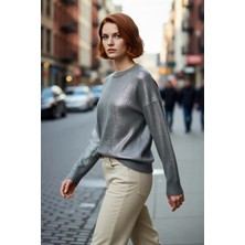 PayBuy Kadın Oversize Basic Bisiklet Yaka Uzun Kollu Gri Triko Kazak Metalik Dokusuyla Şıklığı Yakala