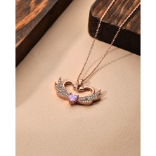 Roza Silver 925 Ayar Zirkon Taşlı Rose Birleşen Kuğular Kalp Motifli Gümüş Aşk Kolyesi