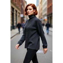 PayBuy Kadın Dik Yaka Fermuarlı Regular Kalıp Düşük Kol Selanik Örgü Uzun Triko Kazak Soğuk Günler Için