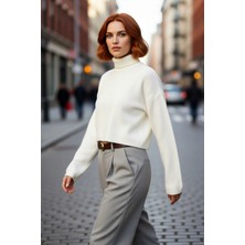 PayBuy Kadın Oversize Balıkçı Yaka Düşük Kol Süper Crop Triko Kazak Kış ve Sonbahar Için Ideal Günlük