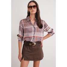 Mixray 4751 Kadın Ekose Ince Saten Gömlek Bej