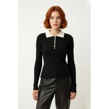 Ersefa Kadın Modern Fitilli Triko Polo Yaka Kazak Fitted Kesim Uzun Kollu Günlük Şıklık Için Ideal