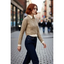 PayBuy Kadınlara Özel Regular Kesim Saç Örgü Desenli Düşük Kollu Crop Triko Kazak Akrilik Konforu Sunuyor