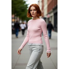 PayBuy Kadın Pembe Fitted Triko Uzun Kollu Basic Bisiklet Yaka Tül Detaylı Ilkbahar Sonbahar Kazak