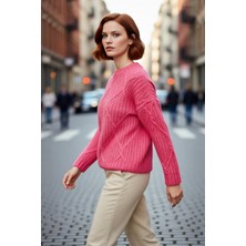 PayBuy Kadın Oversize Saç Örgü Detaylı Kalın Triko Kazak Kışlık Rahat Bisiklet Yaka Standart Kol Kaliteli