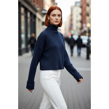 PayBuy Kadın Oversize Super Crop Balıkçı Yaka Uzun Kollu Akrilik Triko Kazak Kışlık Günlük Şıklık