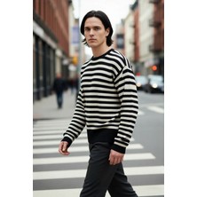 PayBuy Erkek Oversize Bisiklet Yaka Çizgili Triko Kazak Fitilli Dokuma Uzun Kollu Basic Rahat Kesim