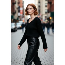 PayBuy Kadın Geniş Kalıp V Yaka Yünlü Triko Kazak Basic Fitilli Uzun Kollu Günlük Şıklık Için Ideal Seçim