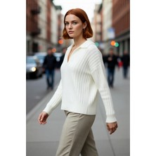 PayBuy Kadın Oversize Polo Yaka Düşük Kol Fitilli Triko Kazak Kışlık Günlük Şıklığı Tamamlayan Konforlu