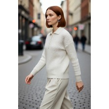 PayBuy Kadın Oversize Saç Örgü Polo Yaka Triko Kazak Düşük Uzun Kollu Kışlık Rahat Basic Şıklık Kaliteli
