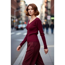 PayBuy Kadın Fitted V Yaka Ajurlu Ince Triko Kazak Ilkbahar Sonbahar Için Uzun Kollu Şık Tasarım Kaliteli