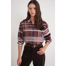 Mixray 4751 Kadın Ekose Ince Saten Gömlek Kahve