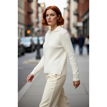 PayBuy Kadın Regular Kalıp Fermuarlı Polo Yaka Selanik Dokuma Triko Kazak Kışlık Günlük Şıklık Kaliteli