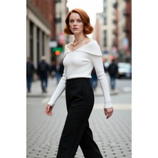 PayBuy Kadın Devrik Yaka Fitted Fitilli Triko Bluz Uzun Kol Crop Boy Ilkbahar Sonbahar Günlük Şıklığı