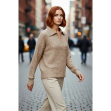 PayBuy Kadın Oversize Polo Yaka Düşük Kol Fitilli Triko Kazak Kışlık Günlük Şıklığı Tamamlayan Konforlu