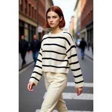 PayBuy Kadın Oversize Bisiklet Yaka Çizgili Crop Triko Kazak Düşük Kollu Rahat Kışlık Kombinler Için