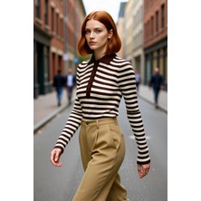 PayBuy Kadın Polo Yaka Çizgili Fitted Akrilik Triko Kazak Ilkbahar Sonbahar Için Şık ve Konforlu Günlük