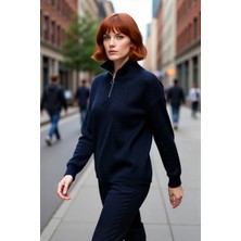 PayBuy Kadın Oversize Düşük Kol Fermuarlı Dik Yaka Triko Selanik Örgü Basic Uzun Kollu Kazak Kaliteli