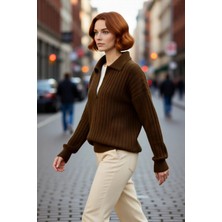 PayBuy Kadın Oversize Polo Yaka Düşük Kol Fitilli Triko Kazak Kışlık Günlük Şıklığı Tamamlayan Konforlu