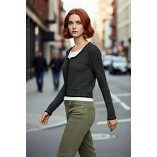 PayBuy Kadın Basic Regular Kesim Çizgili Triko Crop Hırka Ilkbahar Sonbahar Günlük Şıklığı Kaliteli