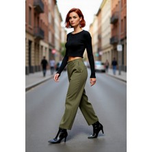PayBuy Kadın Fitted Super Crop Bisiklet Yaka Uzun Kollu Fitilli Triko Bluz Yan Detaylı Ilkbahar Sonbahar