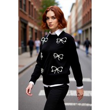 PayBuy Kadın Incili Fiyonk Desenli Triko Kazak Regular Kalıp Bisiklet Yaka Orta Kalınlık Ilkbahar Sonbahar