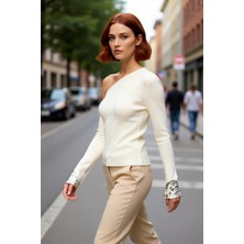 PayBuy Kadın Asimetrik Yaka Düşük Kol Uzun Kollu Payetli Detaylı Triko Kazak Ilkbahar Sonbahar Şıklığı