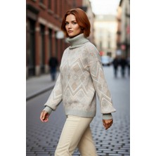 PayBuy Kadın Oversize Etnik Desenli Balıkçı Yaka Uzun Kollu Akrilik Triko Kazak Kış Günleri Seçimi