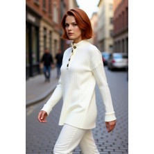 PayBuy Kadın Ekru Relaxed Fit Düğmeli Yaka Düşük Kol Triko Kazak Kış Günleri Için Ideal Şıklık Kaliteli