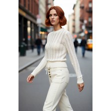 PayBuy Kadın Ajurlu Fitted Bisiklet Yaka Büzgülü Kollu Ince Triko Kazak Ilkbahar Sonbahar Şıklığına Özel