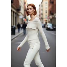 PayBuy Kadın Fitted Asimetrik Etek Ucu Carmen Yaka Uzun Kollu Triko Kazak Bahar Şıklığı Sunar Kaliteli