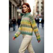 PayBuy Kadın Etnik Desenli Oversize Dik Yaka Düşük Kol Kalın Crop Triko Kazak Kışlık Günlük Şıklık