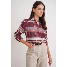 Mixray 4751 Kadın Ekose Ince Saten Gömlek Bordo