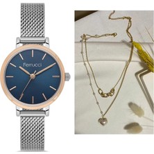Ferrucci Minimal Kasa Hasır Ayarlanabilir Çelik Kordon Kadın Kol Saat+Çelik Kolye Hediye Set