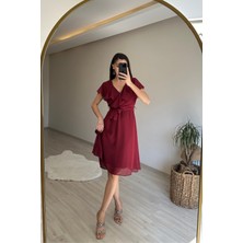Neşeli Butik Kadın V Yaka Kuşaklı Mini Şifon Elbise NM007