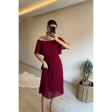 Neşeli Butik Kadın Omzu Açık Piliseli Midi Şifon Elbise NM006