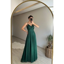 Neşeli Butik Kadın Işıltılı Askılı Yırtmaç Detayı Şifon Abiye Elbise NM002